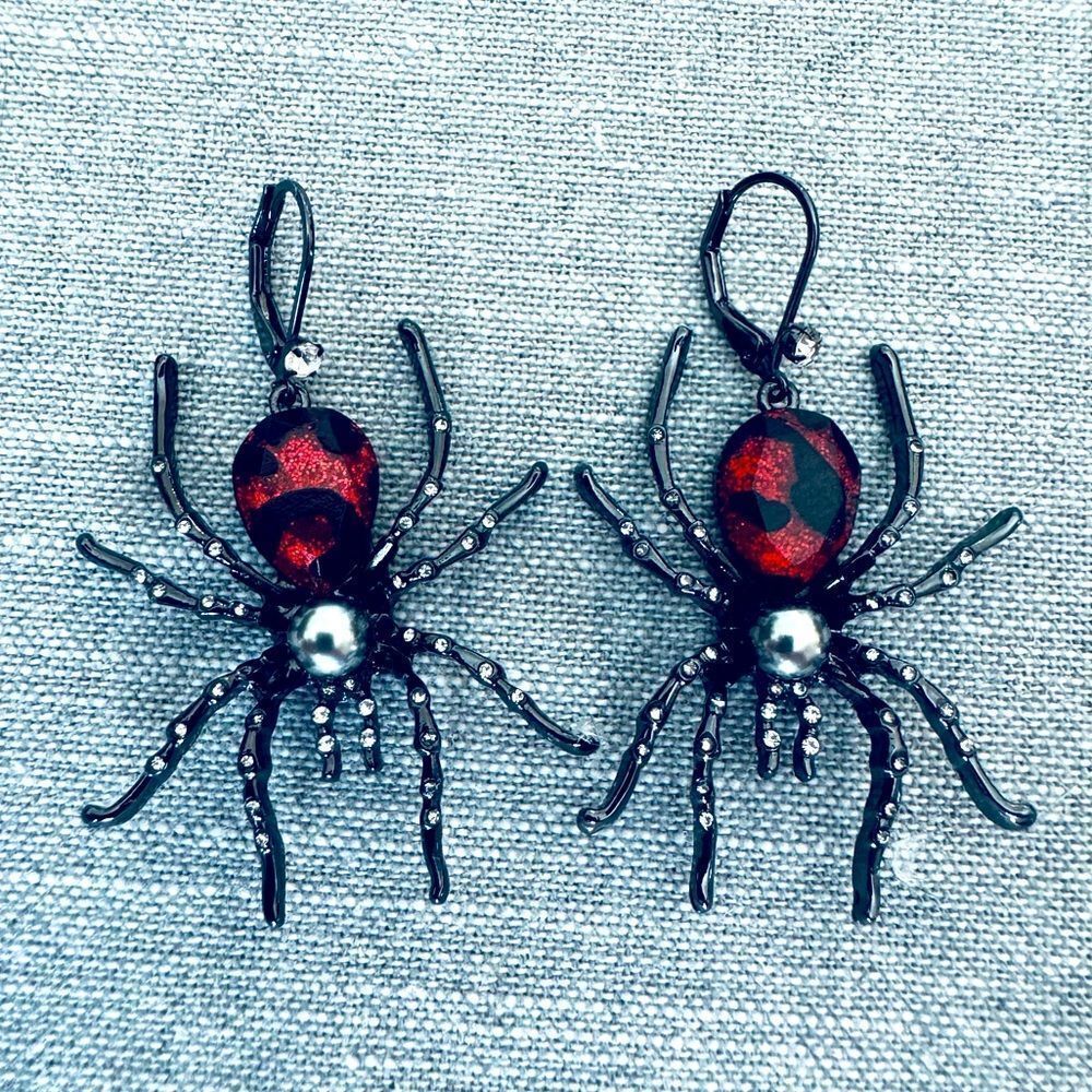 Betsey Johnson Red Jeweled Spider Goth Halloween Earrings